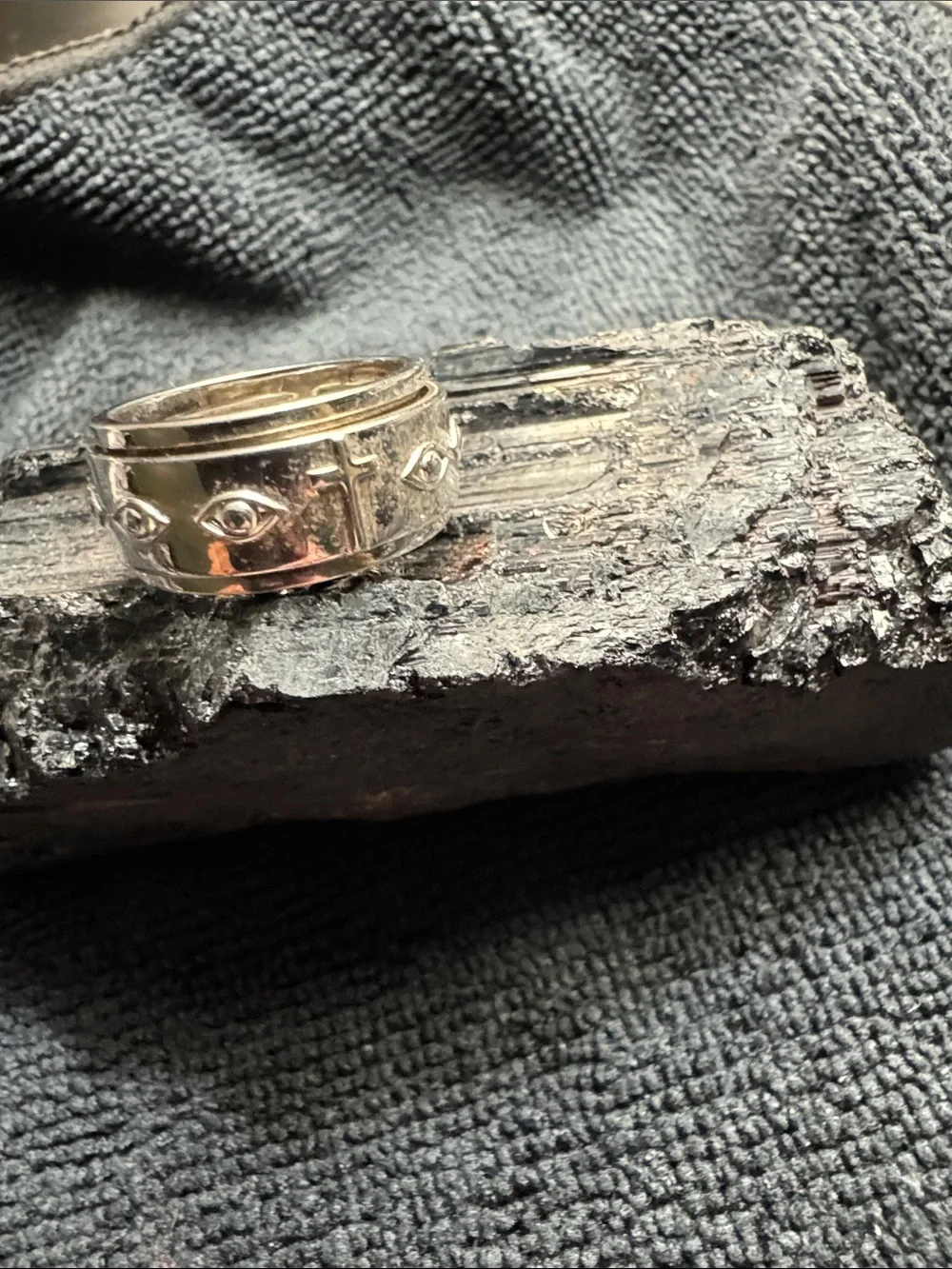 Silver Spinner Band Ring with Blue Stone Evil Eye Accent